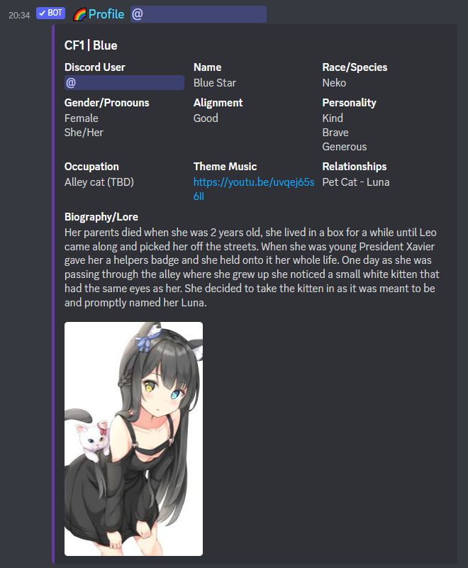 A Discord embed showing information about a cat girl character.