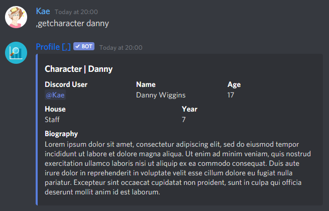 A Discord embed showing the information of a character